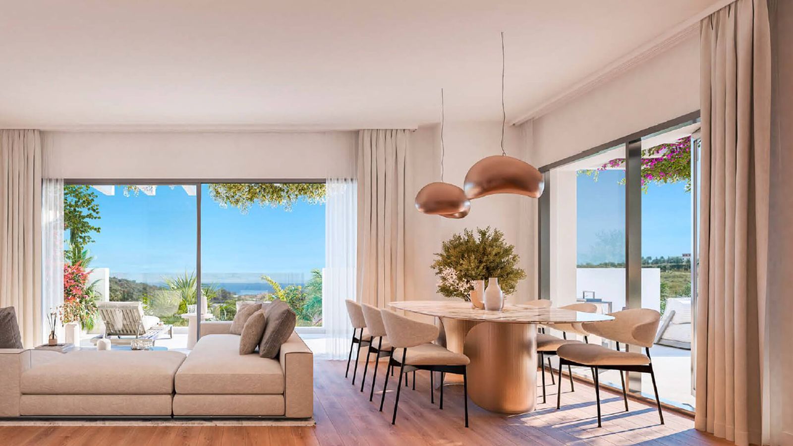 Luxe woon- en eetkamer met uitzicht, moderne inrichting en veel licht.