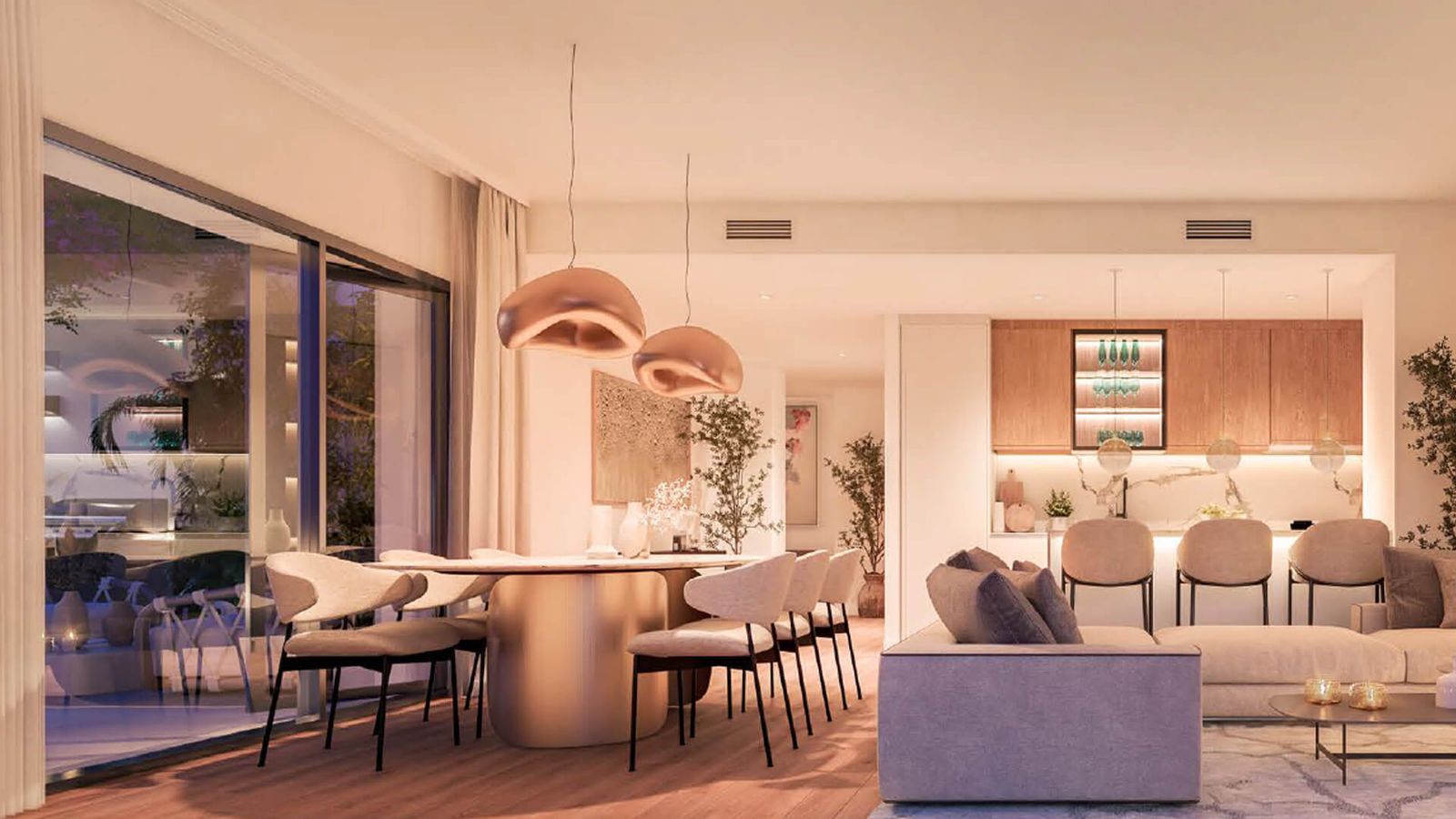 Moderne woon-eetkamer met design verlichting en stijlvolle meubels