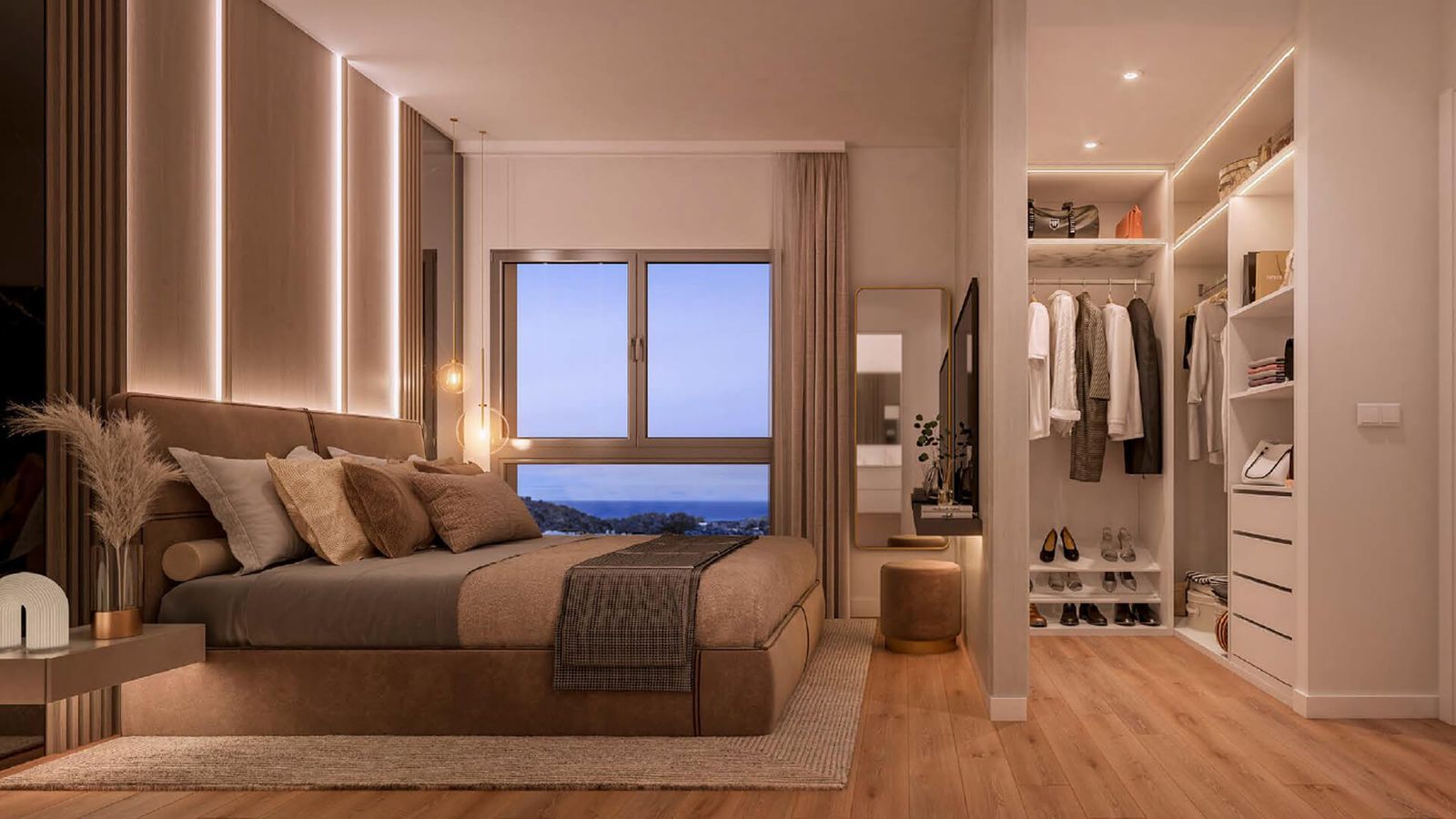 Luxe slaapkamer met inloopkast en uitzicht